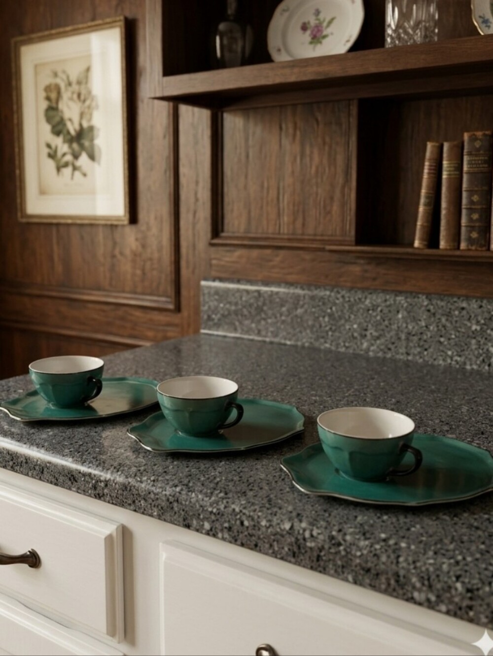 Vintage Czechoslovakia Teal Porcelain Snack Set - 3 Cups & Plates
